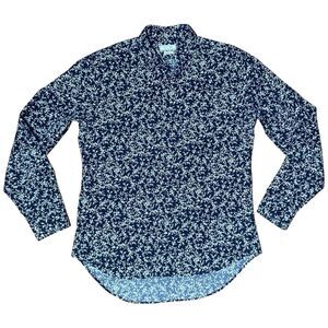 ZARA MEN Tailored Fit Long Sleeve Button Shirt Size L Navy Blue White Floral
